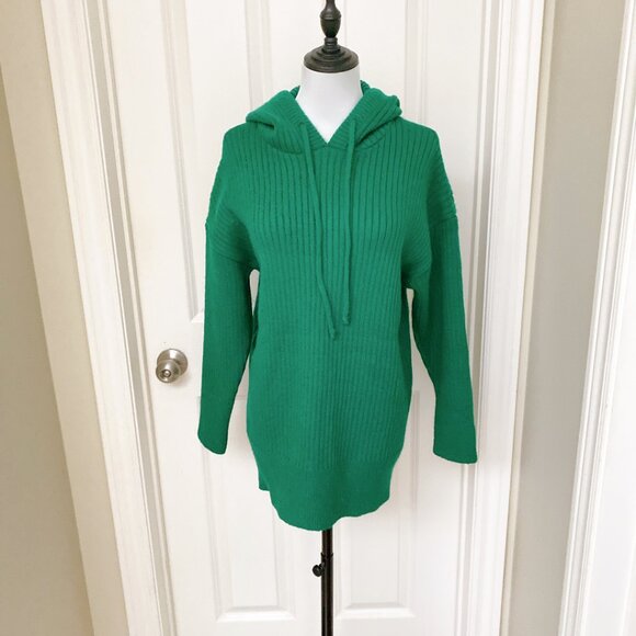 New Women's Loose Hooded Knitwear Solid Green Pullovers Knitted Sweater Dress - Picture 4 of 6